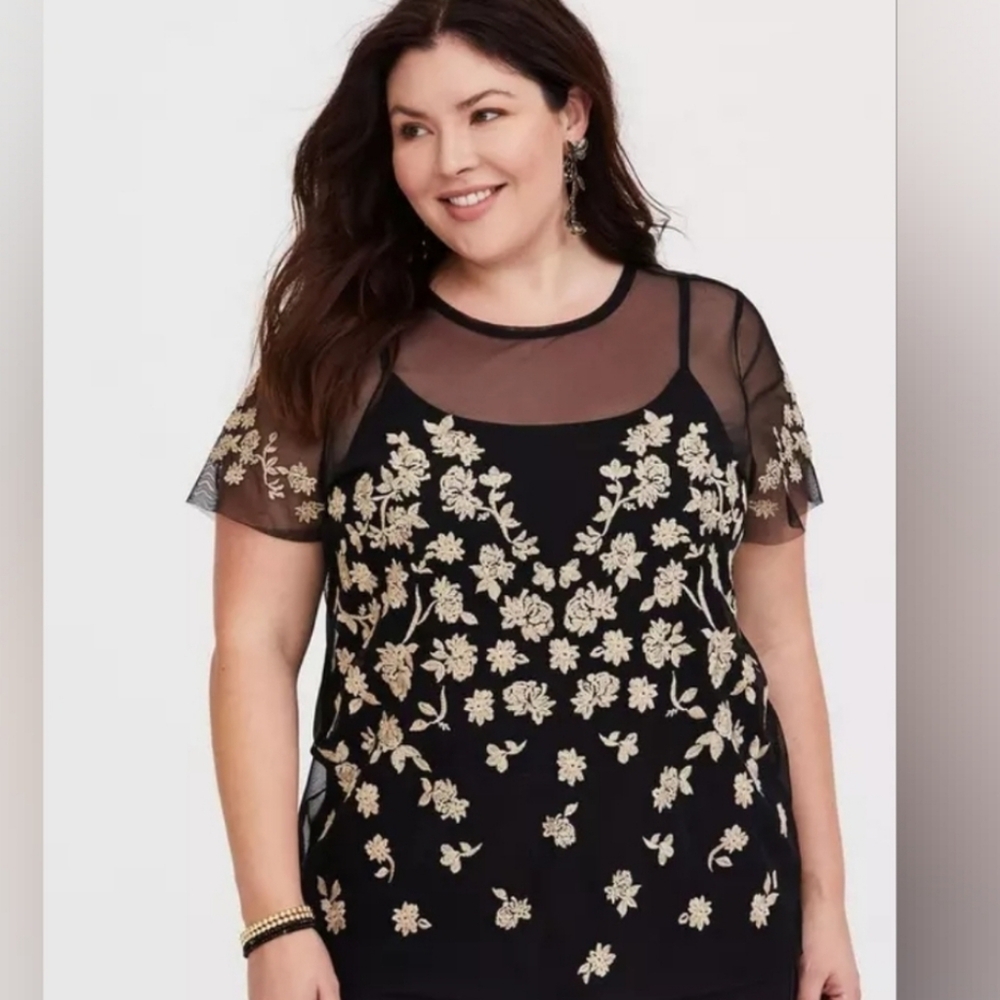Torrid Elegant Black Mesh Floral Embroidered Top Size 2X